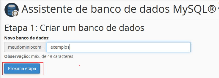 Dê nome ao novo banco de dados. Dê nome ao novo banco de dados.