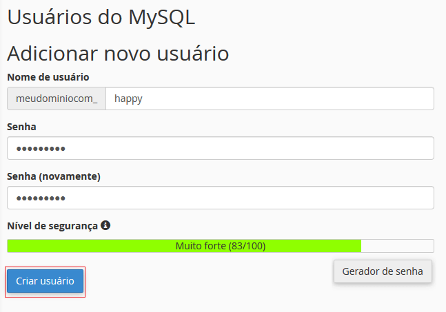 Criando novo usuário. Criando novo usuário.
