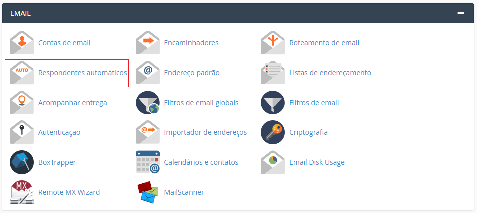 Aba EMAIL do CPanel. Aba Email do cPanel.