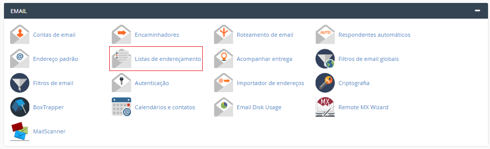 Aba EMAIL do CPanel. Aba Email.