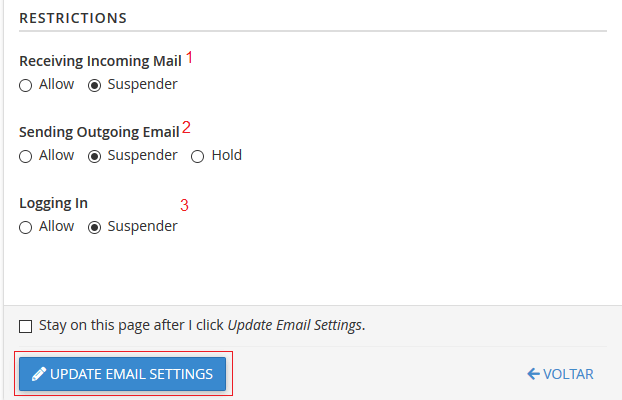 Mensagem de êxito. Escolha como vai suspender a conta.